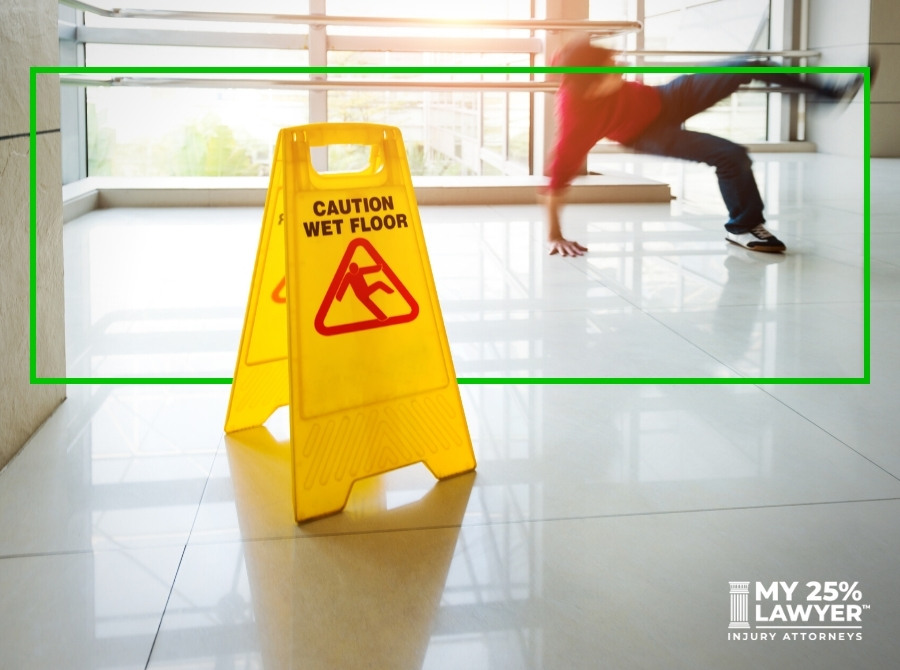man slipping next to wet floor sign
