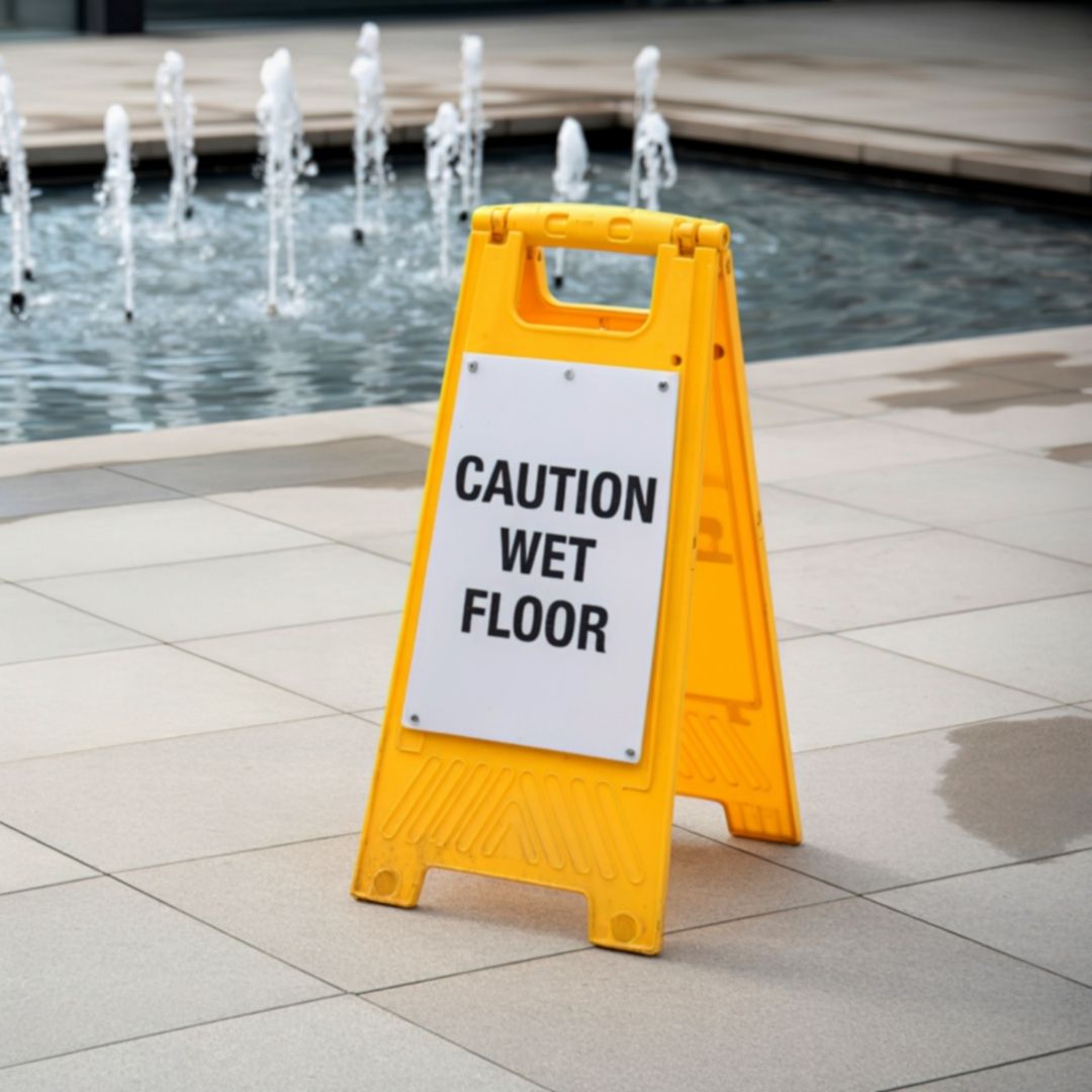 a "caution: wet floor" sign near a fountain