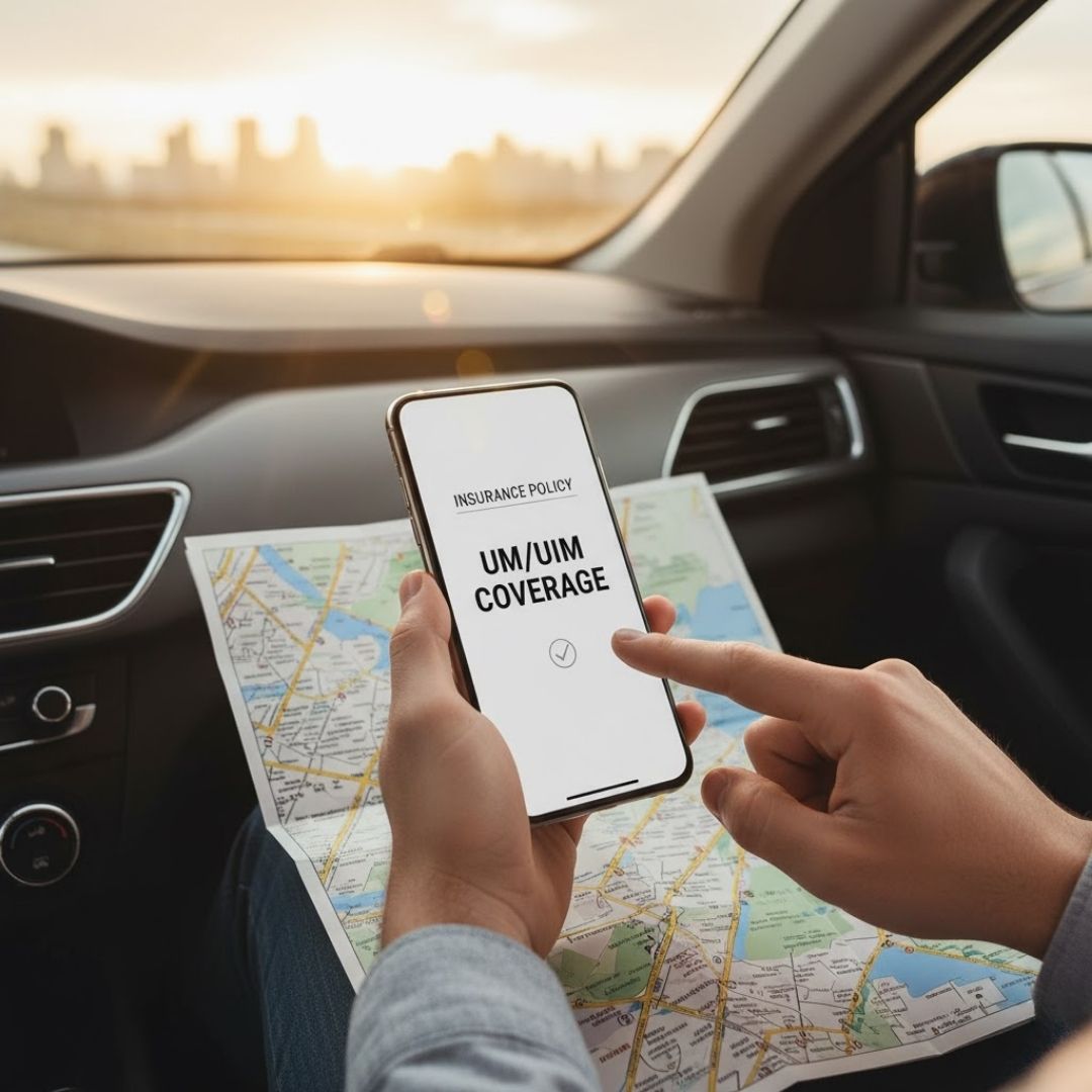 a passenger pointing to his phone with his insurance policy displayed