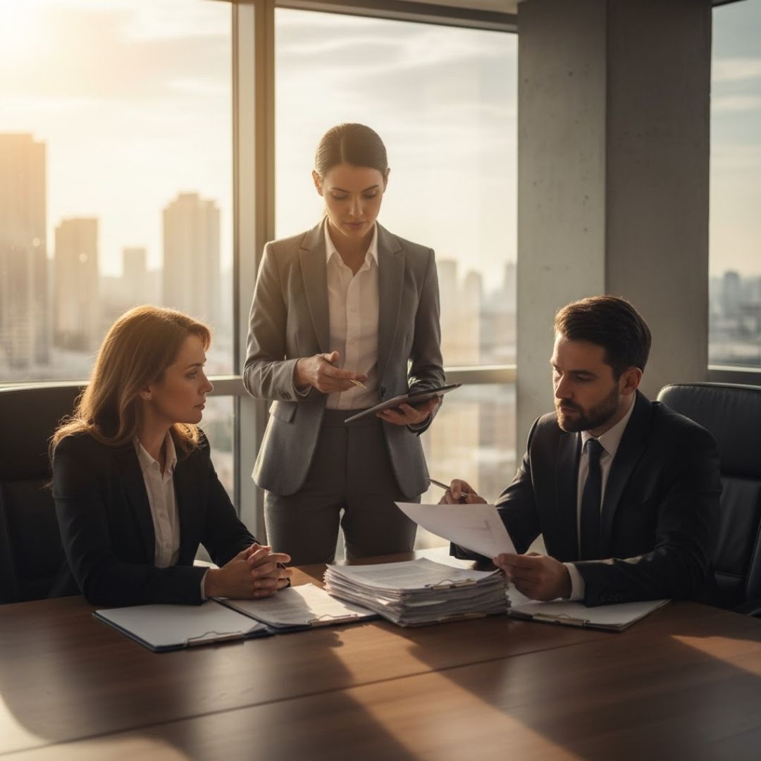 Lawyers consulting in a modern office with city views